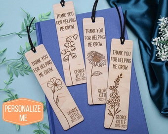 Teacher Bookmarks,Teacher Appreciation Gift,Thank you for helping me grow,Personalized Teacher Gift,Reading Gift,Birthday Gift,End of Year