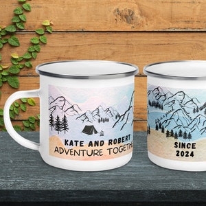 Personalized Camping Mug 10th Anniversary Gift Custom Couple Names Adventure Together since Cute Enamel Coffee Camper Cup Boho Nature Lover