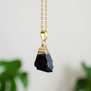 Raw Black Tourmaline Crystal Gold Charm Necklace October Birthstone Minimalist Chain Necklace with Black Tourmaline Healing Crystal