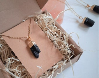 Raw Black Tourmaline Crystal Necklace, Empath Protection for Strong Women October Birthstone Minimalist Chain Hippie Necklace