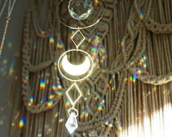 Moon Crystal Suncatcher Aesthetic Room Decor, Sun and Moon Window Prism Crystal Light Sun Catcher Gift Idea, Wall Hanging Home Decor