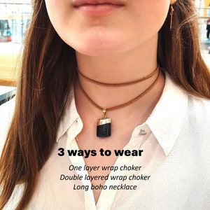 Raw Black Tourmaline Crystal Wrap Leather Choker Necklace Double Layered Wrap Choker Boho Hippie Choker Bohemian Jewelry Gift for Her