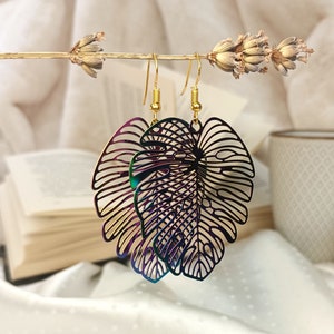 Large Monstera Leaf Drop Earrings - Vibrant Plant Inspired Boho Style Statement Jewelry for Plant Lover - Tropical Colorful Botanical Gift