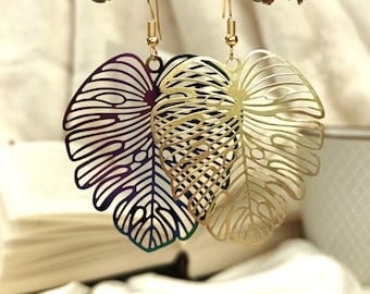 Grandes boucles d'oreilles feuille de Monstera or arc-en-ciel pendantes pendantes boucles d'oreilles tendance plante bijoux bohèmes uniques Noël cadeau pour amoureux des plantes pour elle