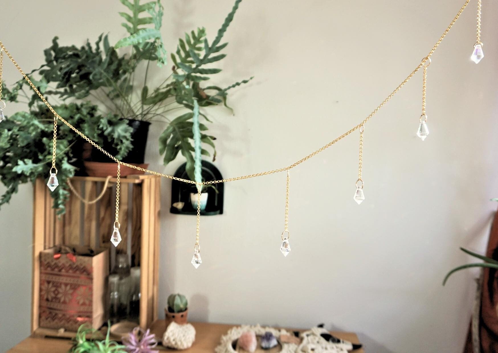 Crystal Suncatcher Garland Aesthetic Room Decor Metal Boho Bedroom Rainbow Maker Window Valance Sun Light Catcher Curtain Gold Silver Chain