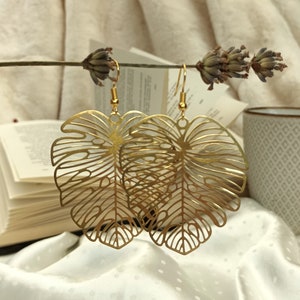 Statement Monstera Leaf Dangle Drop Earrings Gold Plant Unique Bohemian Jewelry Monstera Plant Lover Gift for Her