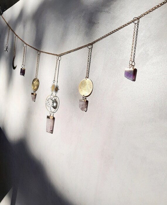 Crystal Suncatcher Window Garland Valance Aesthetic Room Decor, Amethyst Tourmaline Selenite Metal Boho Wall Decor Rainbow Window Curtain