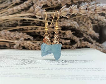 Raw Aquamarine Crystal Earrings, Unique Bohemian Moss Blue Aquamarine Dangle Drop Earrings, March Birthstone Jewelry Gift for Her