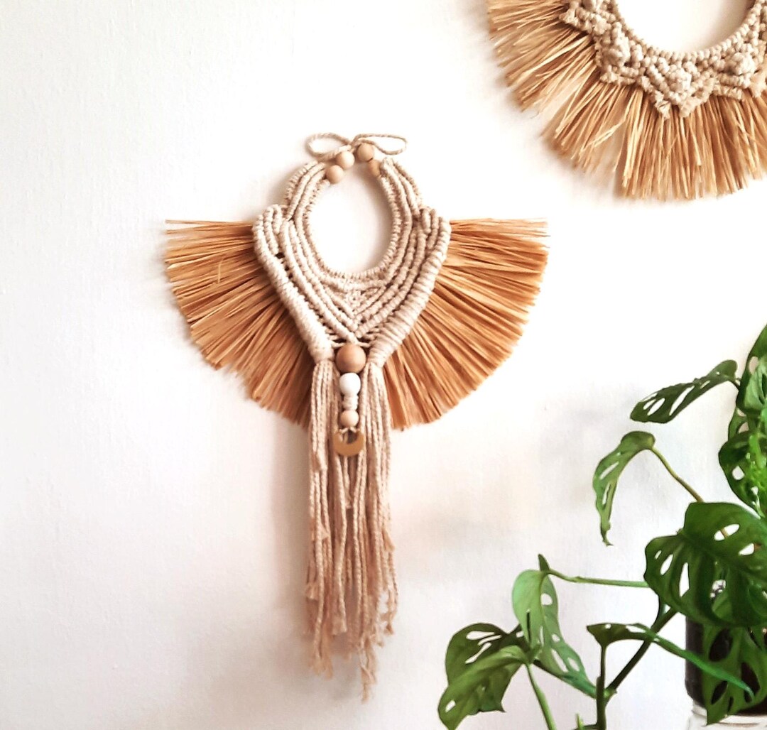 Raffia Macrame Wall Hanging Wicker Plant Leaves Wings Boho Artwork ...