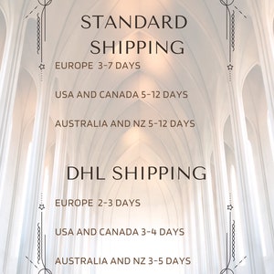 May include: A graphic with a decorative border and stars, showing shipping times for standard and DHL shipping. The graphic includes shipping times for Europe, USA and Canada, and Australia and New Zealand.