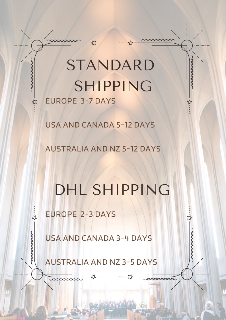 May include: A graphic with a decorative border and stars, showing shipping times for standard and DHL shipping. The graphic includes shipping times for Europe, USA and Canada, and Australia and New Zealand.