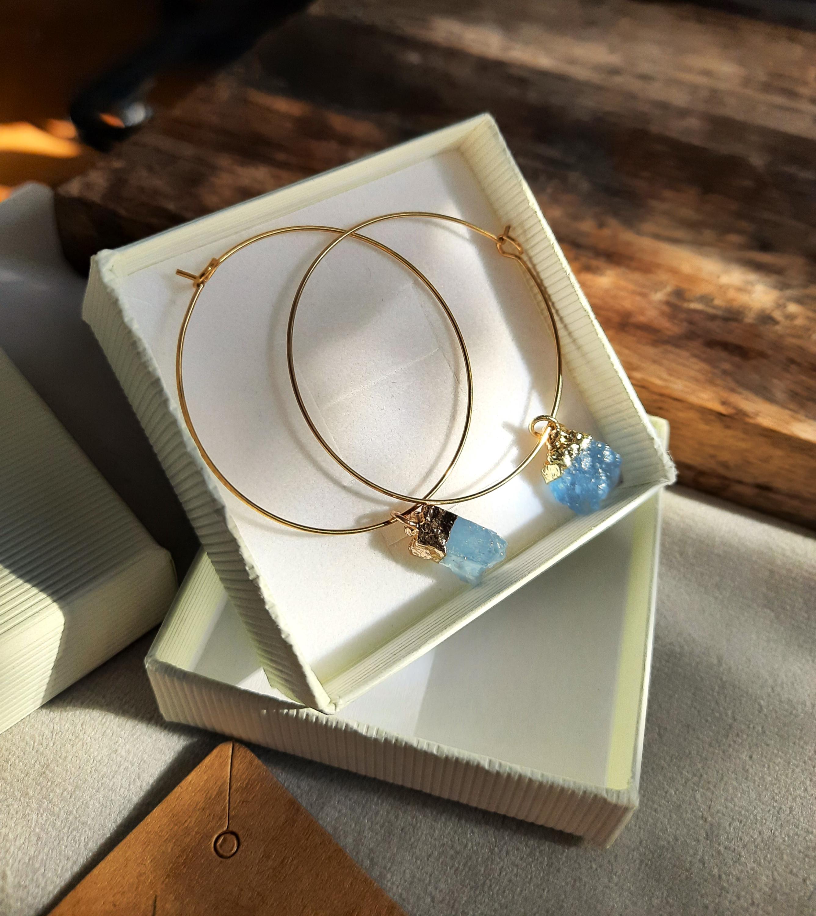 Raw Aquamarine Large Hoop Earrings Dainty Gold Huggie Hoops Unique Bohemian Crystal of your choice Birthstone Jewelry Gift for Her