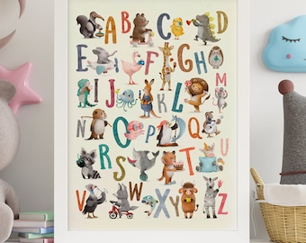 Watercolor Animal Alphabet Nursery Print, Educational ABC Poster