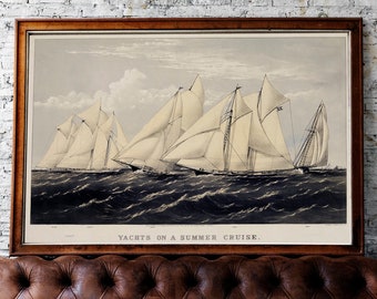 Vintage sailing boats on the ocean poster - marines theme prints, mens office gift idea, boats on the ocean poster, vintage prints