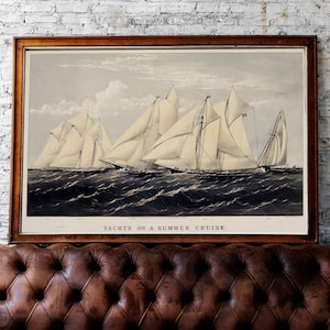 Barcos de vela vintage en el cartel del océano - impresiones de temas marinos, idea de regalo de la oficina para hombres, cartel de barcos en el océano, impresiones vintage
