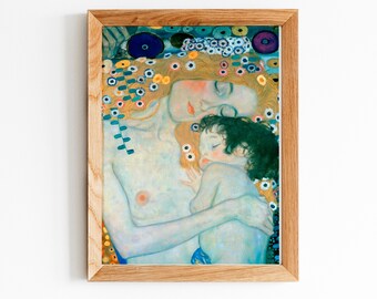 May include: A painting of a mother and child. The mother has long blonde hair and is wearing a blue dress. The child is sleeping in her arms. The painting is filled with colorful flowers and swirls.