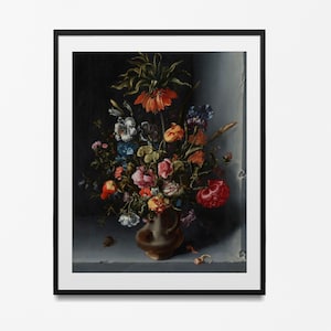 Impresión de arte de pared con motivos florales vintage / Póster botánico de naturaleza muerta con flores / Arte de pared con pintura al óleo vintage / Decoración de arte de pared botánico oscuro y melancólico