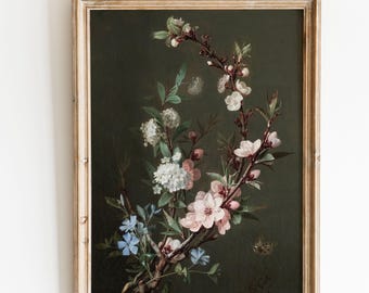 Moody floral wall art, Vintage flower poster, Dark botanical print, Antique oil painting print, Cottagecore wall decor,