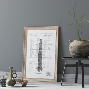 May include: A black and white diagram of the Saturn V Apollo flight configuration, showing the different stages of the rocket. The diagram is framed in a light wood frame and is hanging on a gray wall.
