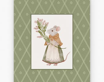 Mouse Nursery Wall Art, Vintage Mouse Print, Cottagecore Nursery Decor, Woodland Nursery Art, Kids Room Poster, Sage Green Wall Art