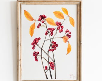 Vintage Berry Print, Botanical Wall Art, Red Berry Branch Poster, Autumn Botanical Art, Cottagecore Decor, Vintage Nature Print
