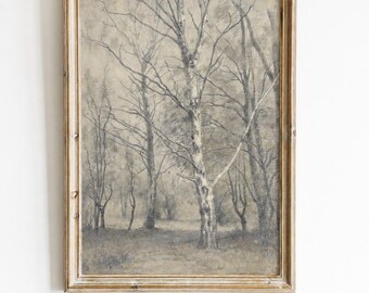 Winter Forest Print, Vintage Birch Tree Wall Art, Neutral Landscape Art, Moody Woodland Poster, Antique Winter Nature Print