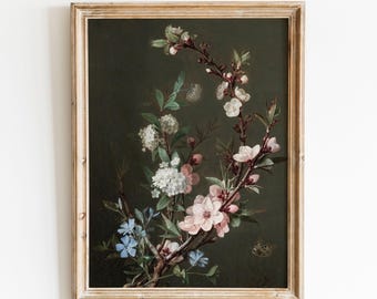 Arte de pared con motivos florales oscuros, impresión floral oscura, impresión de arte de pared con motivos florales vintage, póster botánico, pintura al óleo de naturaleza muerta con flores vintage