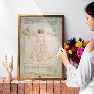 Może przedstawiać: Wydruk w ramie vintage'owego rysunku anatomicznego ludzkiej postaci w okręgu, z tytułem "Człowiek witruwiański" w dolnej części.