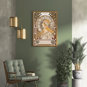 May include: A framed art print with a gold frame. The print features a woman with long flowing hair and a crown of flowers. The print is titled "La Plume".