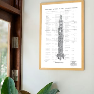 May include: A black and white diagram of the Saturn V Apollo flight configuration. The diagram shows the different stages of the rocket and the various components, including the command module, service module, and lunar module. The diagram also includes text labels with technical specifications and measurements.