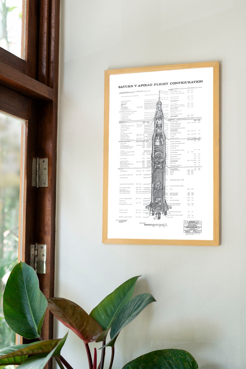 May include: A black and white diagram of the Saturn V Apollo flight configuration. The diagram shows the different stages of the rocket and the various components, including the command module, service module, and lunar module. The diagram also includes text labels with technical specifications and measurements.