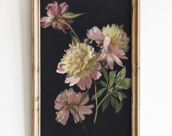 Cottagecore Floral Print, Vintage Peony Wall Art, Dark Botanical Poster, Moody Flower Art, Romantic Farmhouse Decor