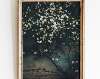 Moody Climbing Roses Wall Art Print | Dark Romantic Botanical Poster | Vintage Rose Bush Photography | Cottagecore Floral Decor