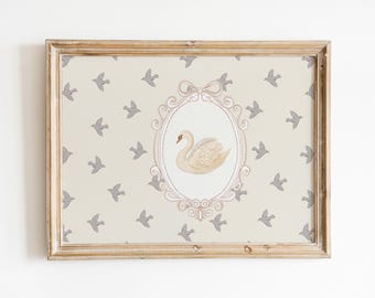 swan posters for kids room, birds beige vintage prints nursery room,