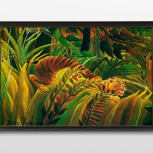 Jungle tropical poster painting Henri Rousseau, Tiger in a Tropical Storm Surprised, The Equatorial Jungle print, Vintage jungle palm tree