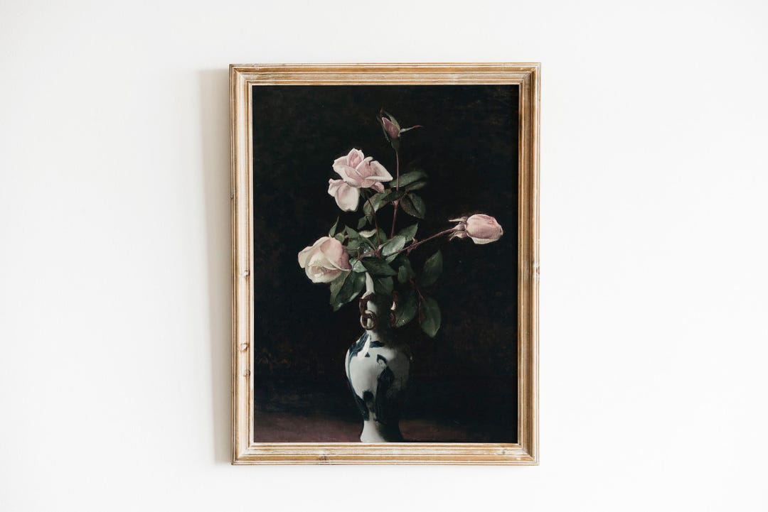 Dark Moody Floral Wall Art Print – Vintage Botanical Still Life Oil ...