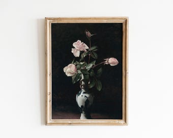 Dark Moody Floral Wall Art Print – Vintage Botanical Still Life Oil Painting Poster, Wildflower Prints for Living Room