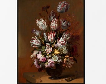Moody Botanical Print Vintage, Dark Floral Still Life Oil Painting Wall Art, Vintage Flower Poster, Dark Academia Accent