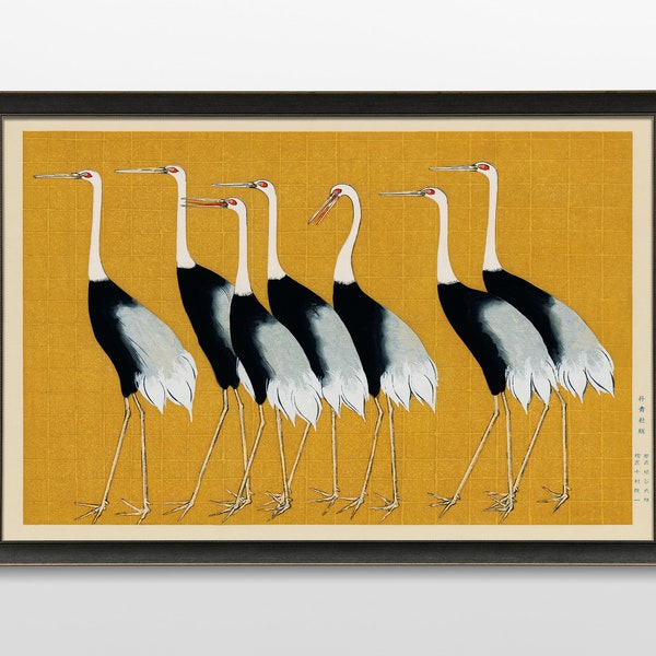 Vintage Japanese Poster, Seven Cranes, Flock of Beautiful Japanese Red Crown Crane by Ogata Korin, Birds Animal Illustration, Home Decor