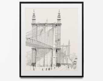 Impresión antigua del puente de Brooklyn, ilustración del siglo XIX