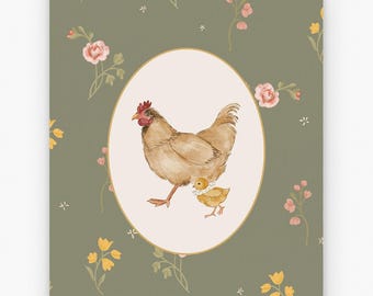 Chicken Nursery Wall Art, Vintage Chicken Print, Farm Animal Nursery Decor, Cottagecore Nursery Art, Hen and Chick Poster, Kids Room Decor
