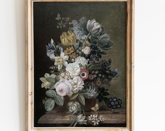 Vintage Floral Still Life Print | Dark Botanical Wall Art