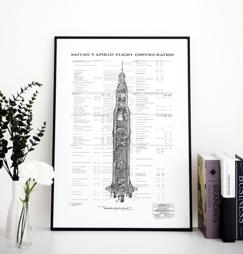 May include: A black and white diagram of the Saturn V Apollo flight configuration. The diagram shows the different stages of the rocket and the various components, including the command module, service module, and lunar module. The diagram also includes text labels for each component and its dimensions.