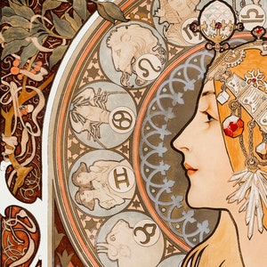 May include: A vintage illustration of a woman with a crown of jewels and a zodiac wheel behind her. The wheel features the astrological signs of Leo, Cancer, Gemini, Taurus, and Aries. The woman's face is turned to the side, and she has a soft, feminine expression.