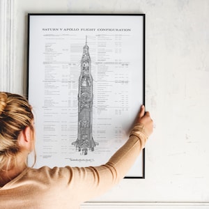 May include: A black and white diagram of a Saturn V Apollo rocket with detailed information about its components. The diagram is framed and hanging on a white wall.
