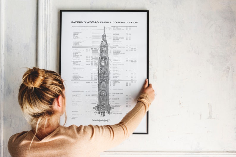 May include: A black and white diagram of a Saturn V Apollo rocket with detailed information about its components. The diagram is framed and hanging on a white wall.