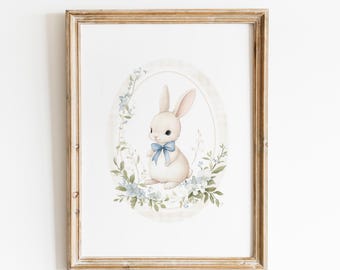 Bunny Nursery Print, Botanical Rabbit Poster, Baby Room Wall Art, Floral Bunny Decor, Kids Room Print, Vintage Nursery Poster