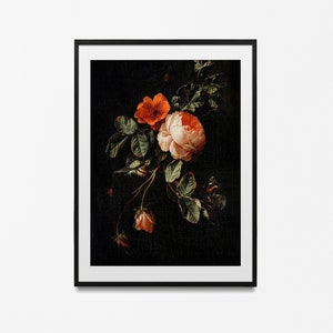 Impresión de arte de pared con motivos florales vintage / Póster botánico / Pintura al óleo de naturaleza muerta con flores vintage / Decoración de arte de pared con motivos botánicos oscuros y melancólicos