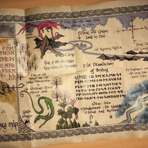 Carte Hobbit/Thrors d'Erebor, Thrain Elrond, Thorins Lonely Mountain, Smaug Dragon, JRR Tolkien Le Seigneur des anneaux, Middle Earth, Bilbo