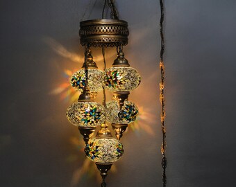 Lampe turque, suspension en mosaïque, plafonnier 5 globes, lustre turc, globe de 7 pouces, éclairage de plafond, lanterne turque